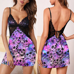 Galaxy Skull Cherry Blossom Gothic & Punkrock Women's Sleepwear | Lace Cami Dress Nightgowns