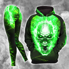 Green Skull Fire Art Combo Hoodie and Leggings - Dark and edgy matching set with skull designs for a unique and stylish look.