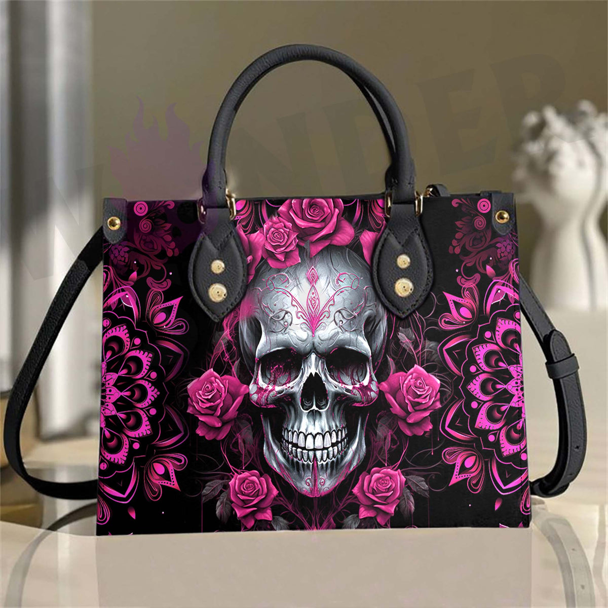 Wonder Skull structured tote bag solves the "I can't find anything in my bag" problem. The roomy interior fits your tablet, phone, wallet, water bottle, umbrella, and cosmetics — without the overstuffed look. Multiple interior pockets keep everything organized, so you're never digging around at checkout. Reinforced rivet corners and quality metal hardware ensure the bag holds up to daily use. Whether you're heading to work, running errands, or catching a flight, this tote keeps you looking put-together.