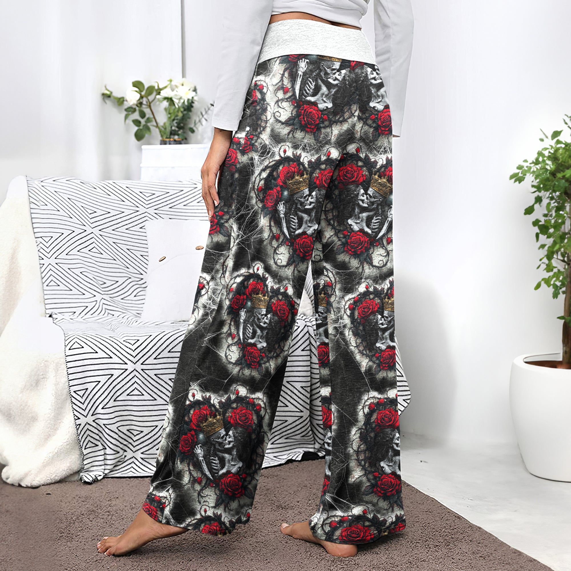 Couple Skeleton Gothic Pattern Women's High-waisted Wide Leg Pants