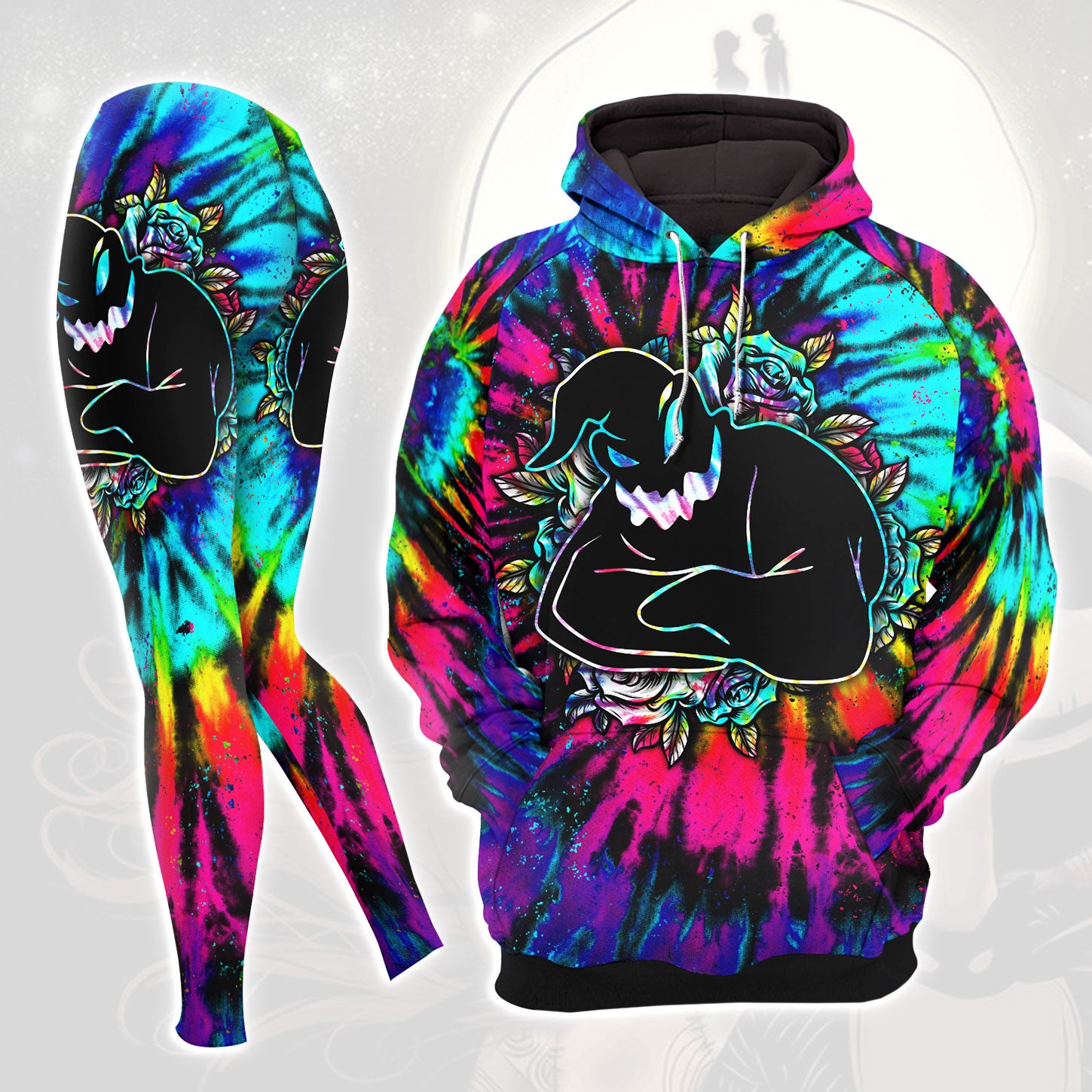 Nightmare TieDye Theme Combo Hoodie and Leggings - Dark and edgy matching set with skull designs for a unique and stylish look