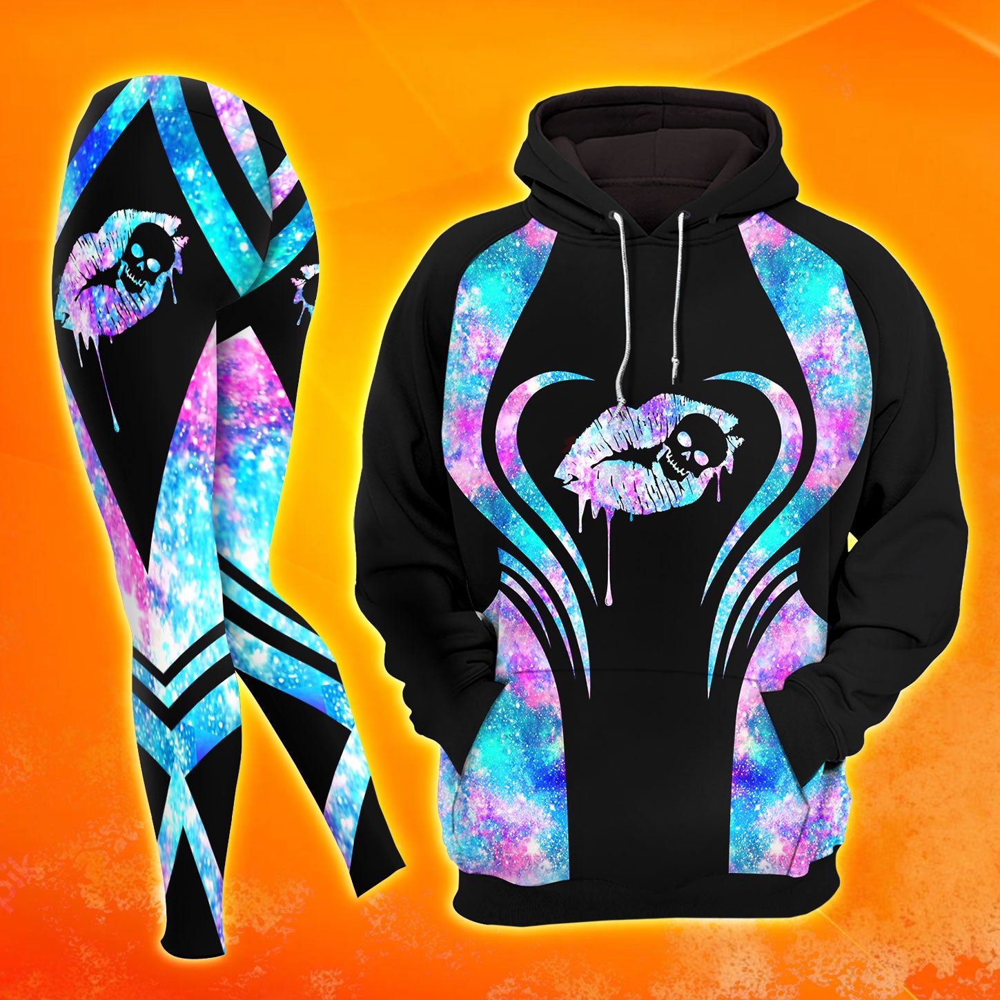 Galaxy Skull Lip Sexy Combo Hoodie and Leggings - Dark and edgy matching set with skull designs for a unique and stylish look.