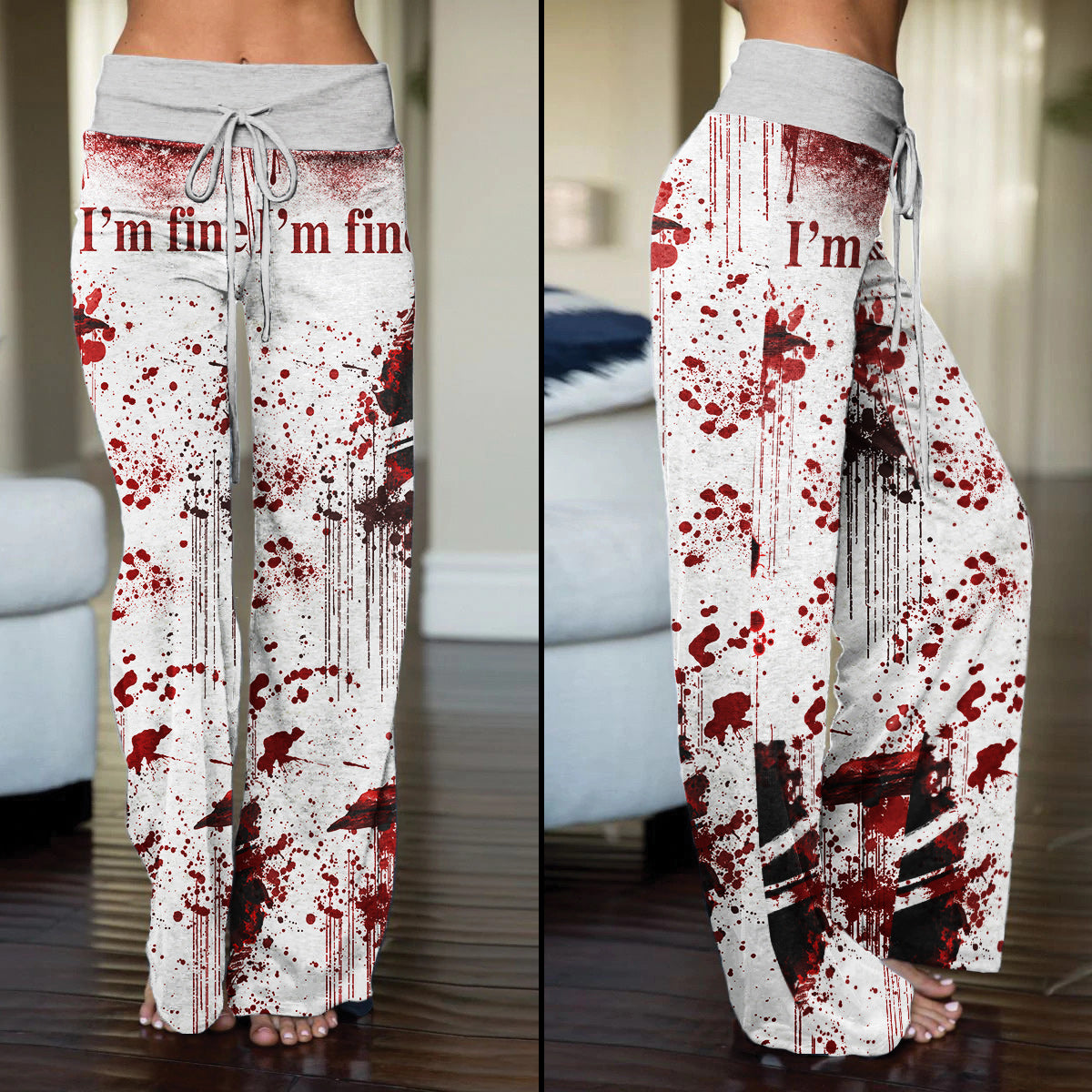 "I'm Fine" Design Horror Blood Women's High-waisted Wide Leg Pants | Wonder Skull