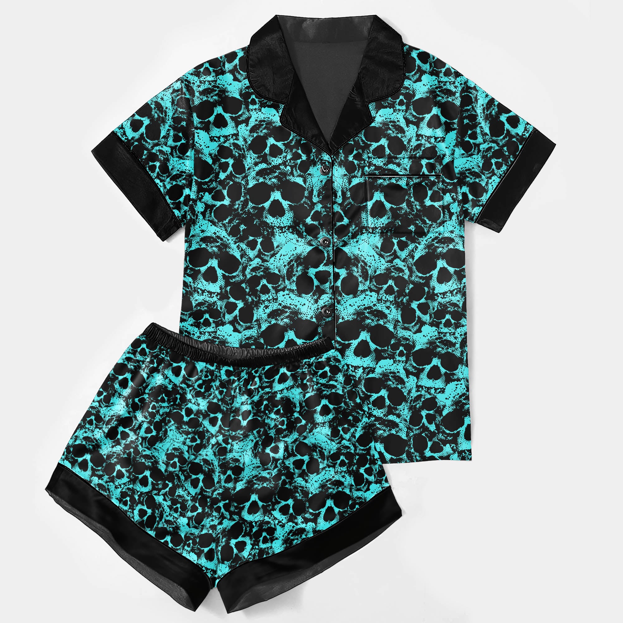 Cyan Skull Pattern Women's Pajama Sets Top Sleeve & Short Bottom