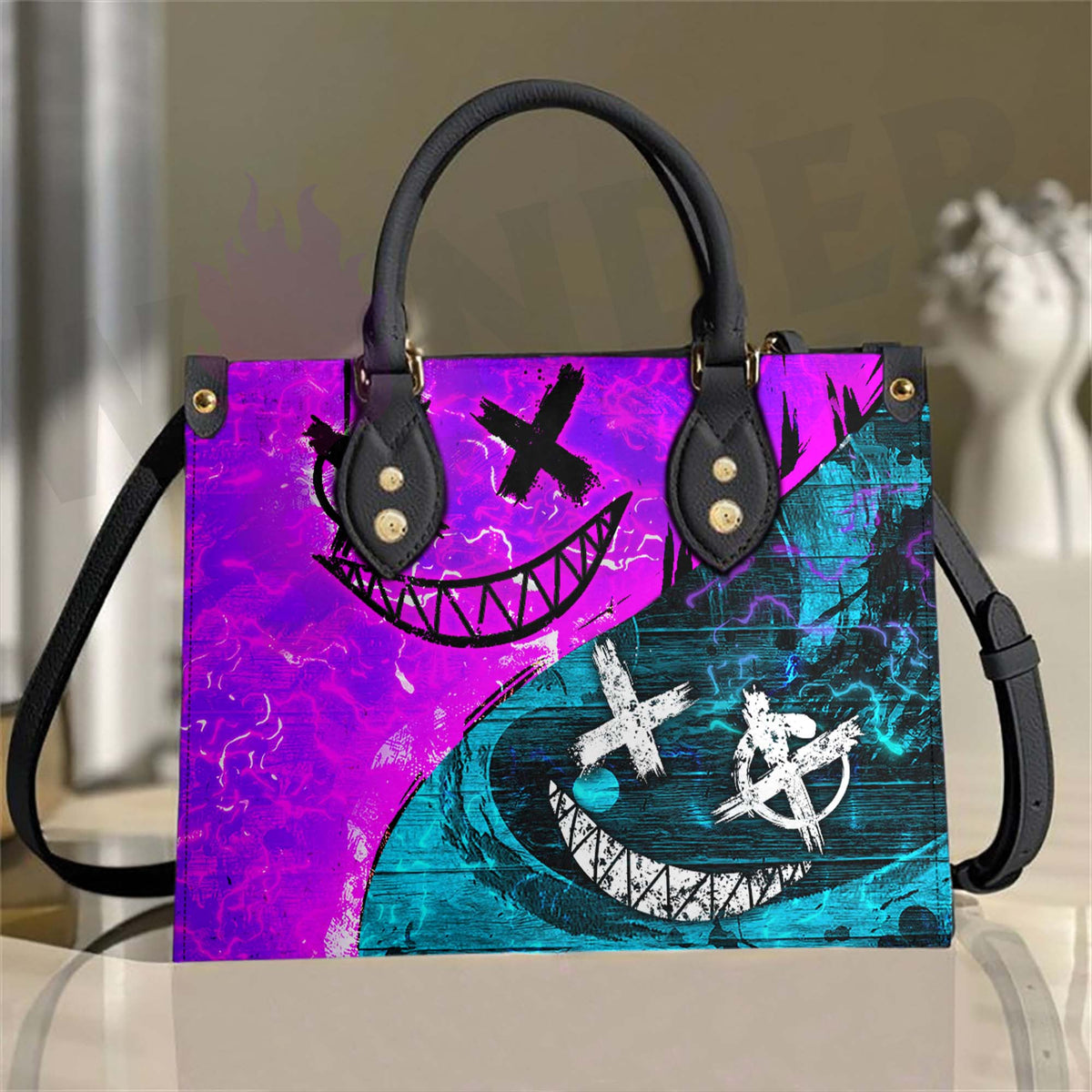 Wonder Skull structured tote bag solves the "I can't find anything in my bag" problem. The roomy interior fits your tablet, phone, wallet, water bottle, umbrella, and cosmetics — without the overstuffed look. Multiple interior pockets keep everything organized, so you're never digging around at checkout. Reinforced rivet corners and quality metal hardware ensure the bag holds up to daily use. Whether you're heading to work, running errands, or catching a flight, this tote keeps you looking put-together.