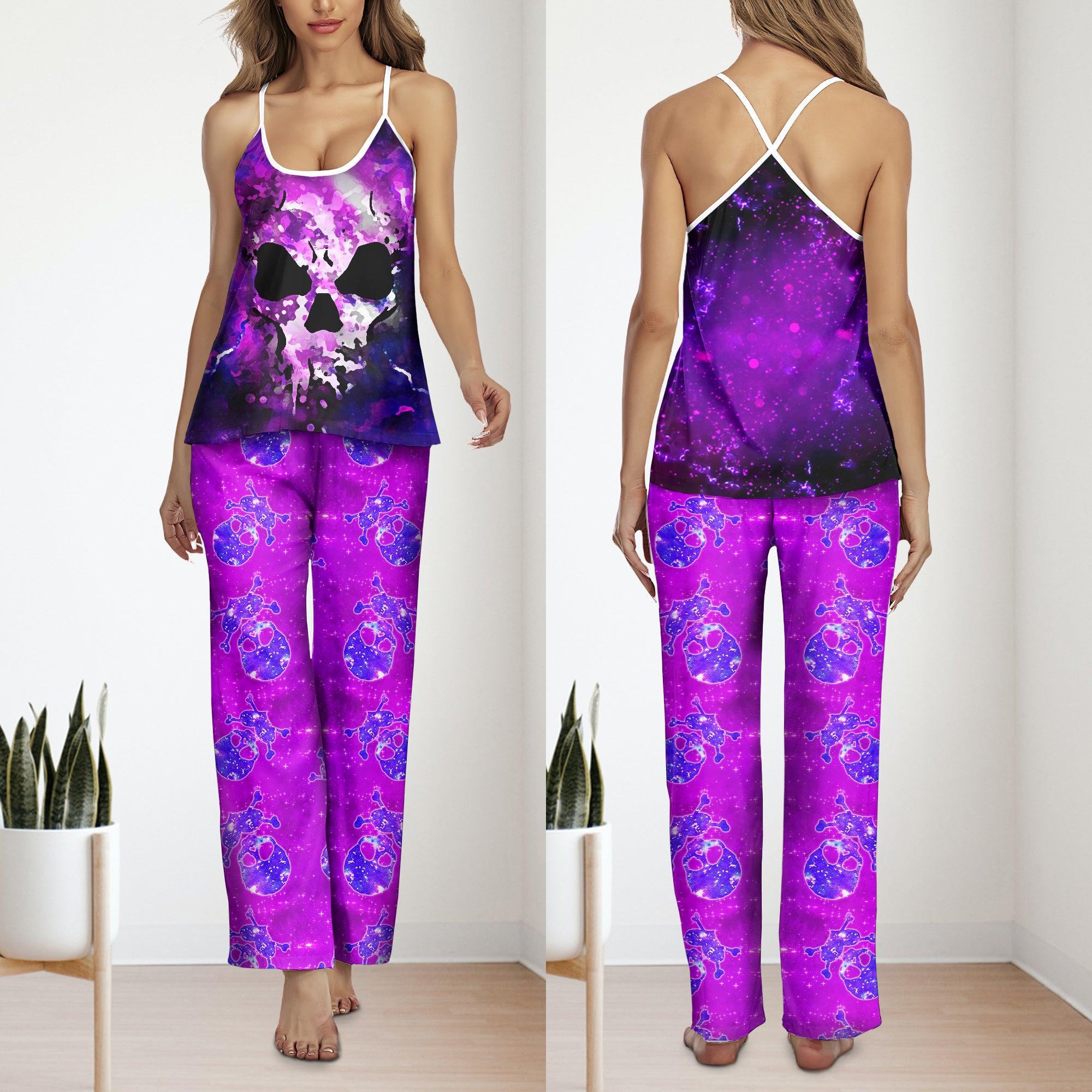 Violet Abstract Skull Gothic Cami Pajamas Sets For Women Sleepwears Combo - Wonder Skull