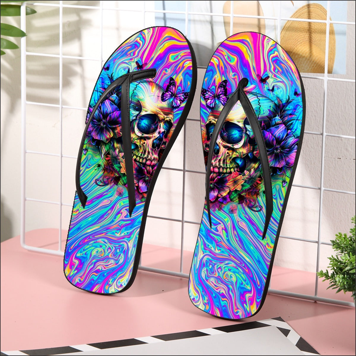 Image of a pair of beach flip flops with a sleek design, featuring a comfortable yoga mat footbed, non-slip sole, and water-friendly materials. Perfect for summer outings, beach walks, and casual occasions.