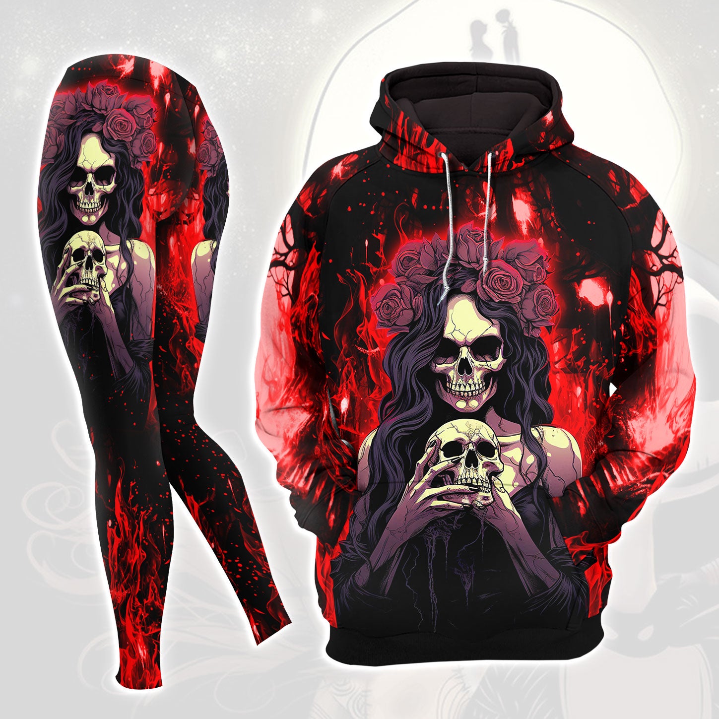 Red Fire Skull Art Combo Hoodie and Leggings - Dark and edgy matching set with skull designs for a unique and stylish look