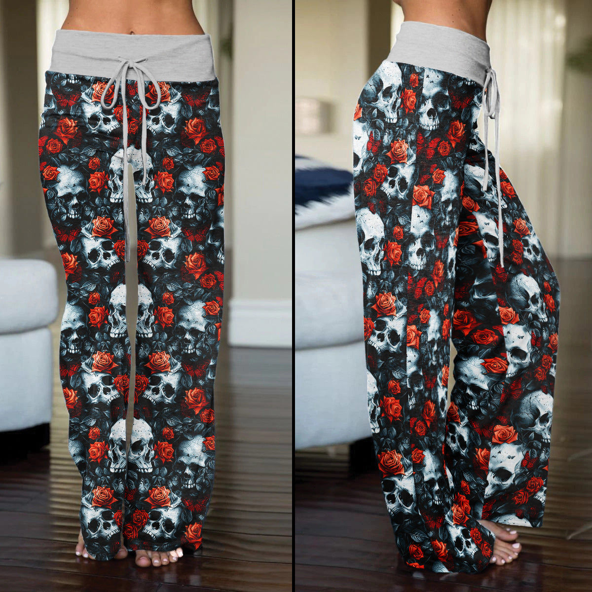 Skull Rose Gothic Women's High-waisted Wide Leg Pants | Wonder Skull