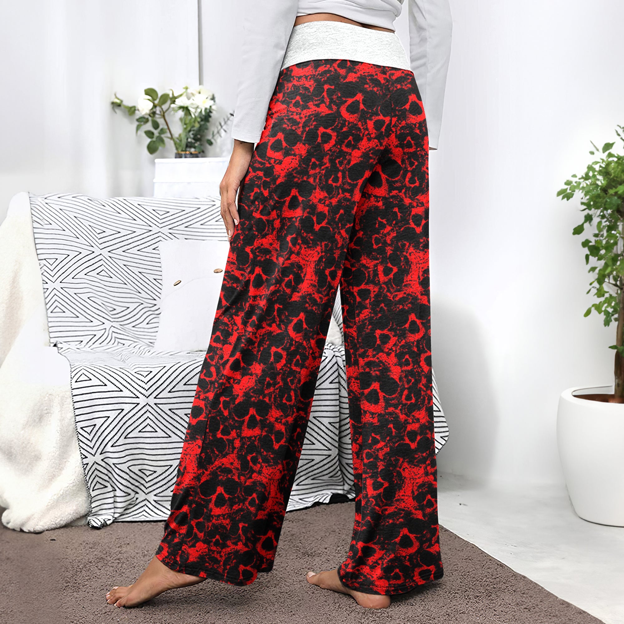 Red Skull Pattern Women's High-waisted Wide Leg Pants