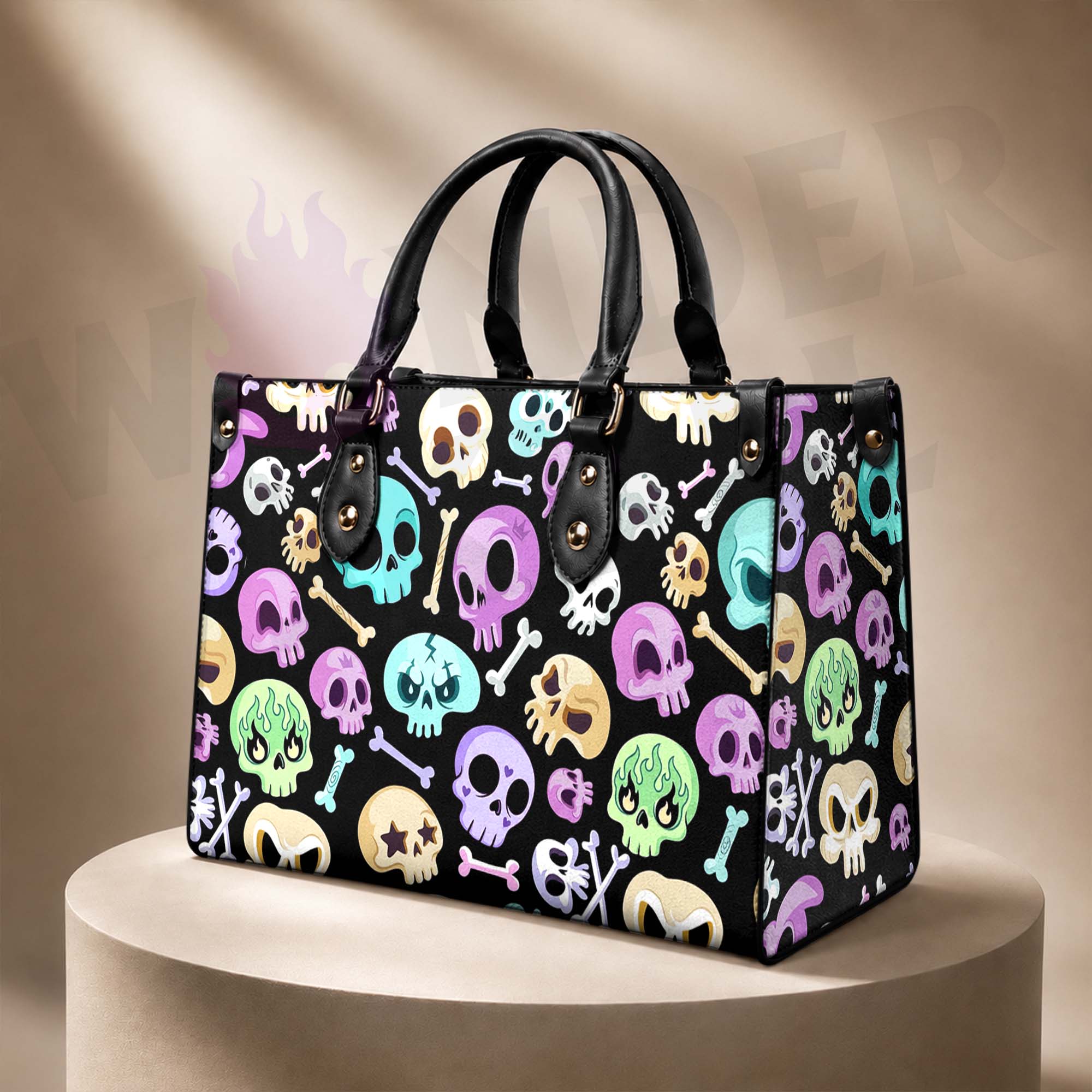 Wonder Skull structured tote bag solves the "I can't find anything in my bag" problem. The roomy interior fits your tablet, phone, wallet, water bottle, umbrella, and cosmetics — without the overstuffed look. Multiple interior pockets keep everything organized, so you're never digging around at checkout. Reinforced rivet corners and quality metal hardware ensure the bag holds up to daily use. Whether you're heading to work, running errands, or catching a flight, this tote keeps you looking put-together.