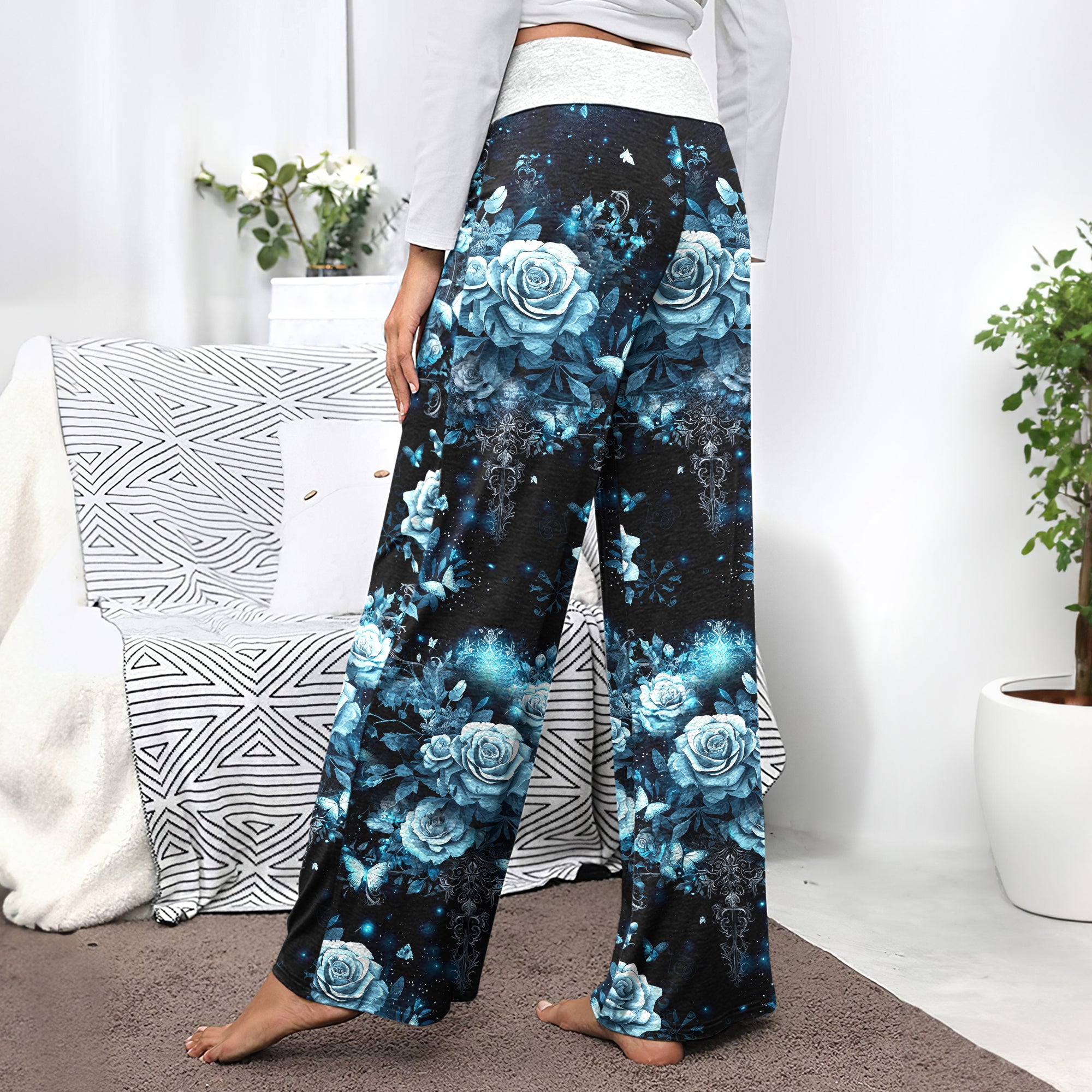 Cyan Galaxy Skull Rose Women's High-waisted Wide Leg Pants