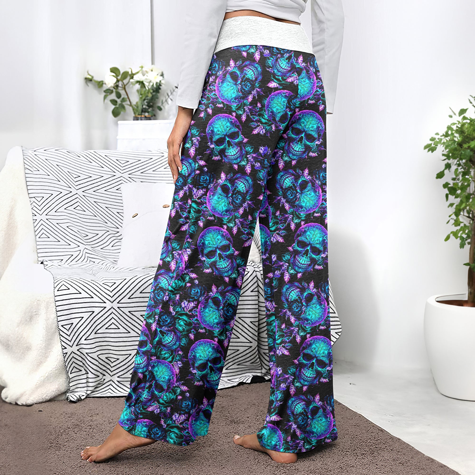 Midnight Royal Skull Rose Women's High-waisted Wide Leg Pants