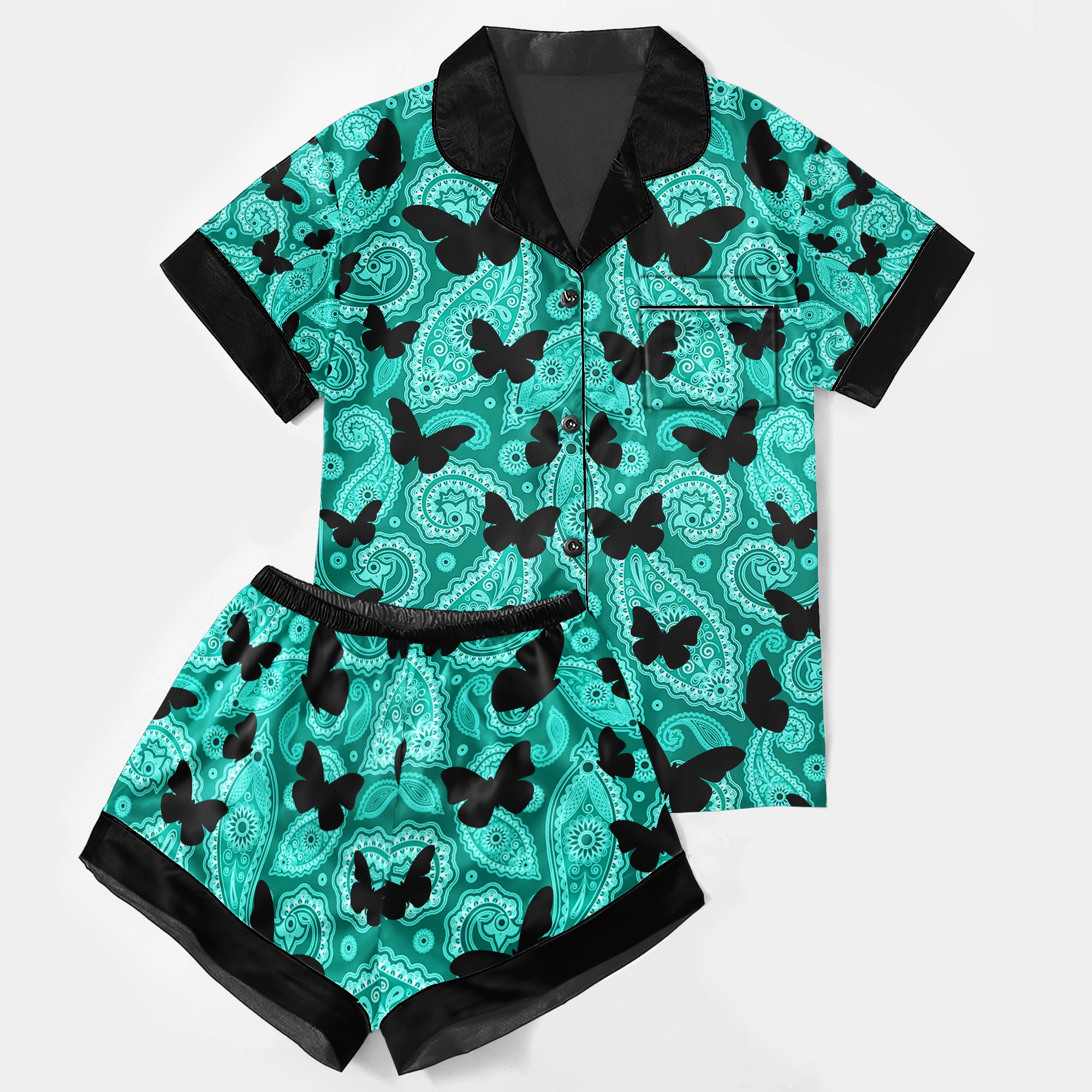 Cyan Paisley Butterfly Women's Pajama Sets Top Sleeve & Short Bottom