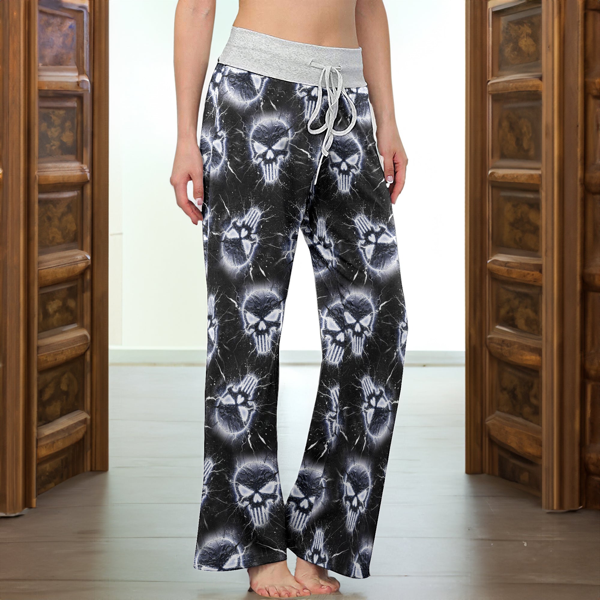 Neon Storm Skeleton Head Women's High-waisted Wide Leg Pants