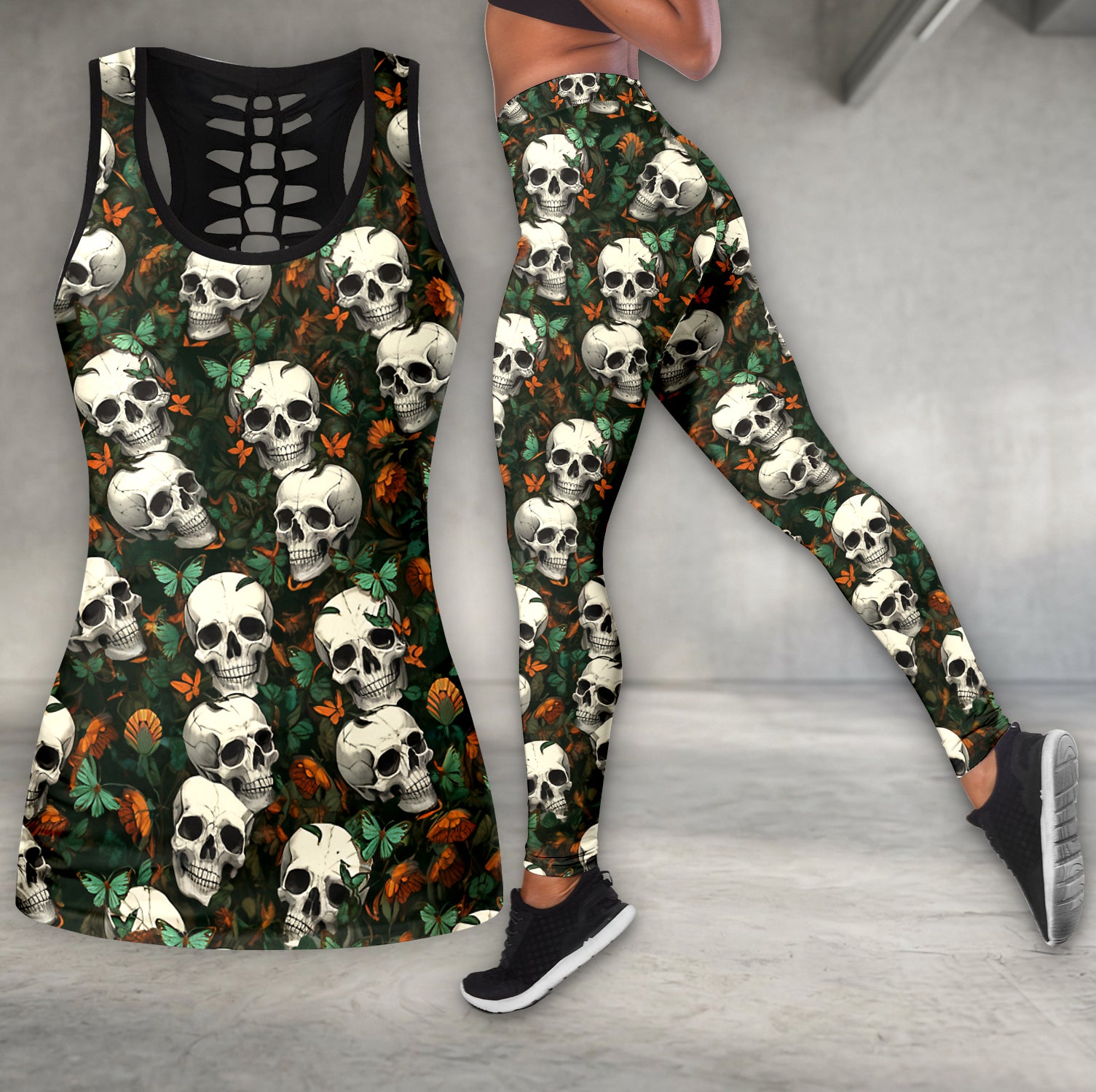 Eternal Bloom Skulls Pattern Tanktop and Leggings