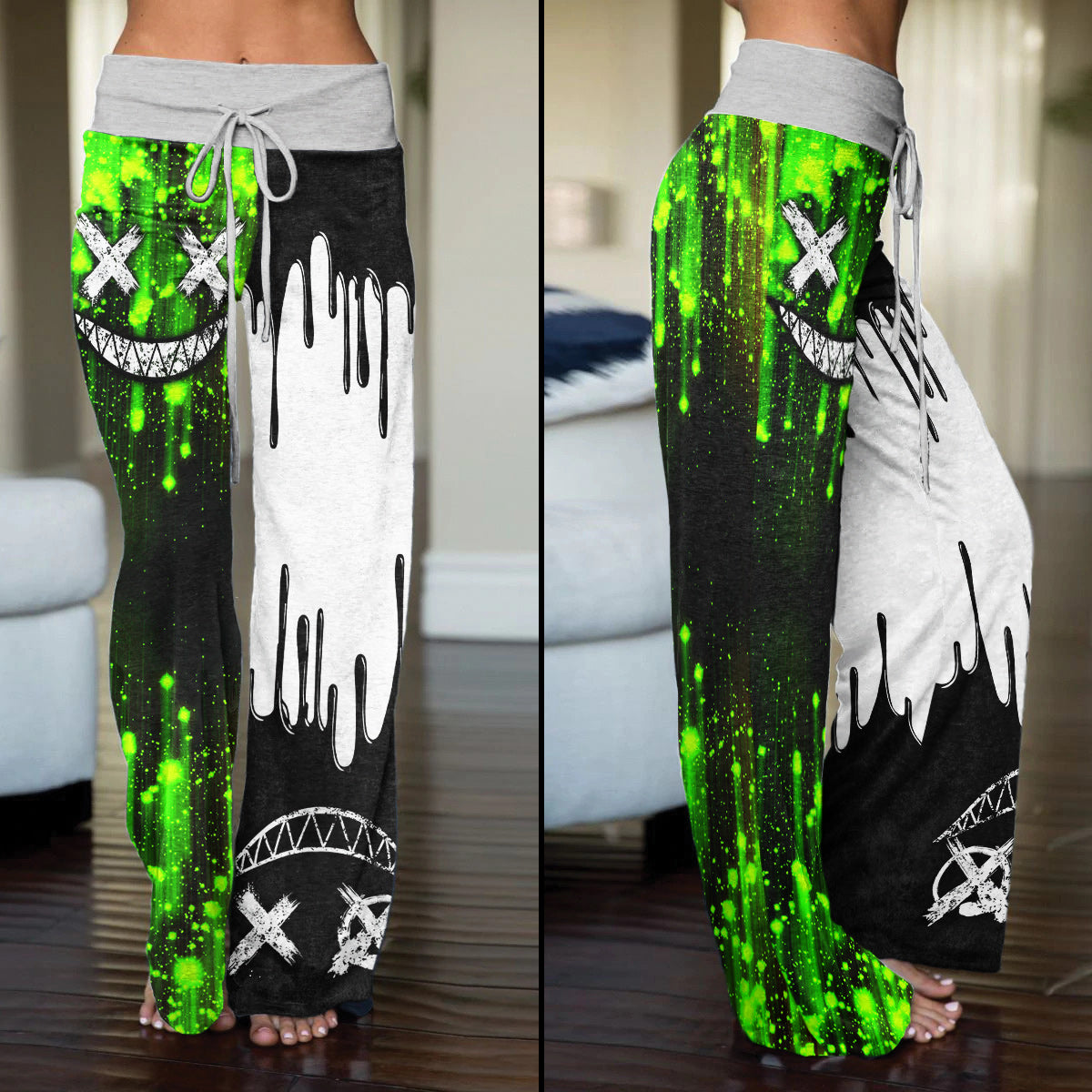 Green White Emo Melting Women's High-waisted Wide Leg Pants | Wonder Skull