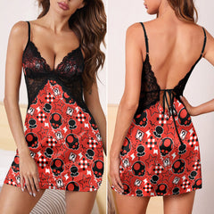 Red Skull Pattern Gothic & Punkrock Women's Sleepwear | Lace Cami Dress Nightgowns