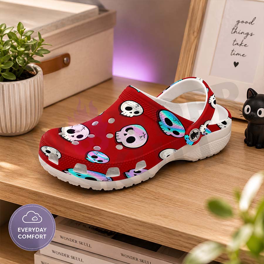 Wonder Skull Lightweight Clog Sandals are designed for all-day comfort. Featuring breathable ventilation holes, a cushioned footbed, and a pivoting heel strap, these versatile unisex clogs are perfect for use at home, outdoors, or at work — whatever your profession may be.