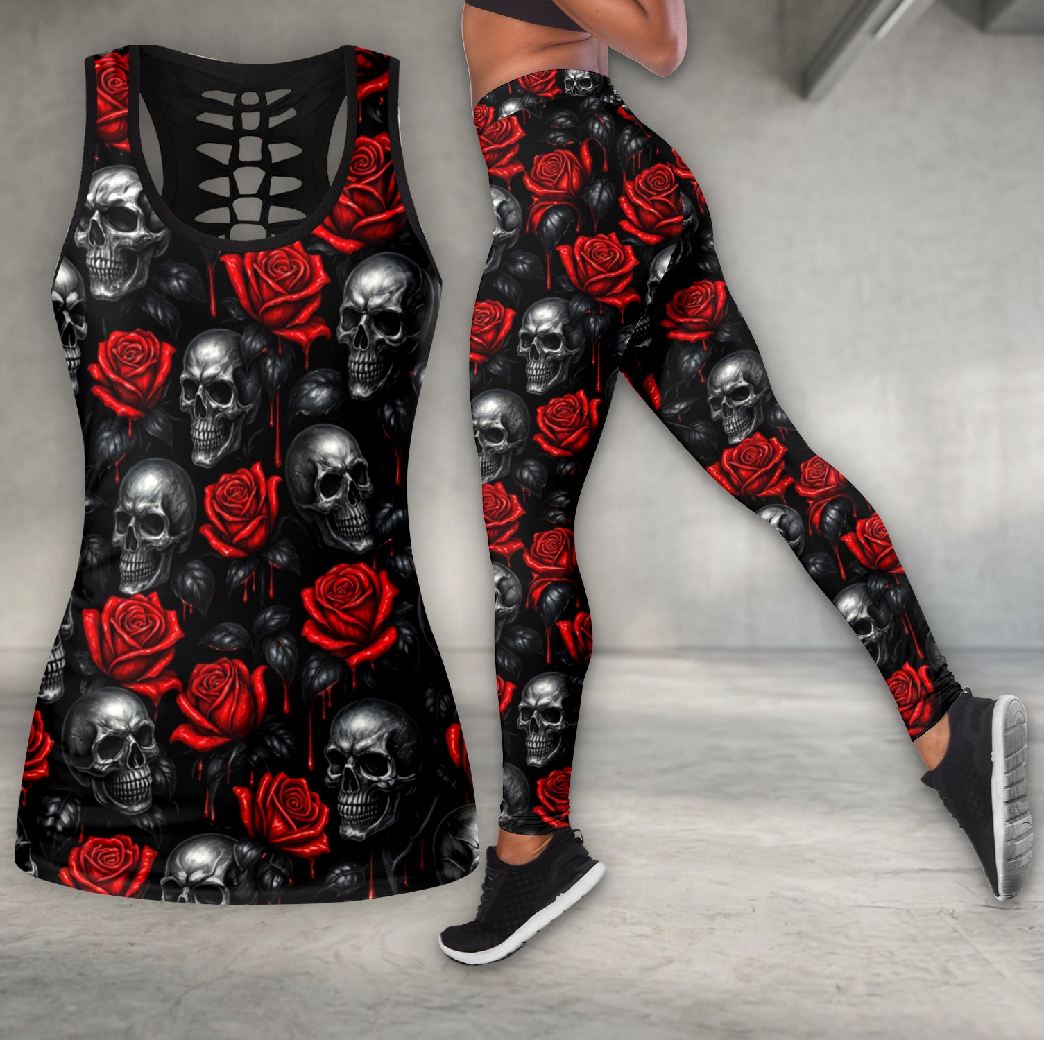 Gothic Bloom Crimson Skull Tanktop and Leggings