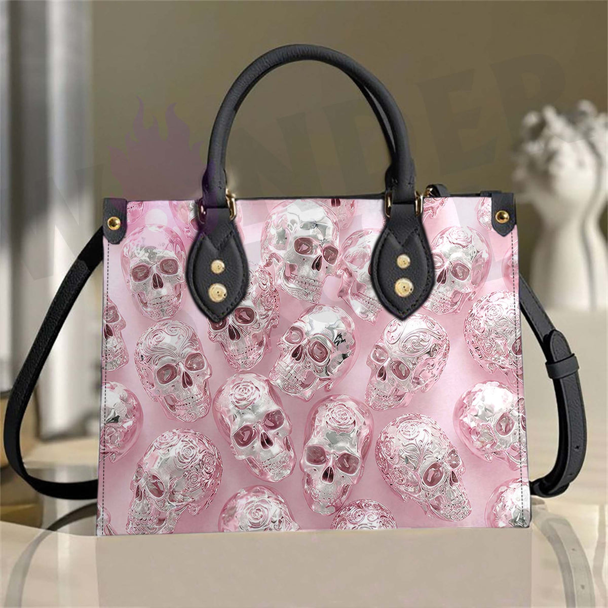 Pink Silver Rose Pattern Structured Tote Bag Multi-Pocket Handbag