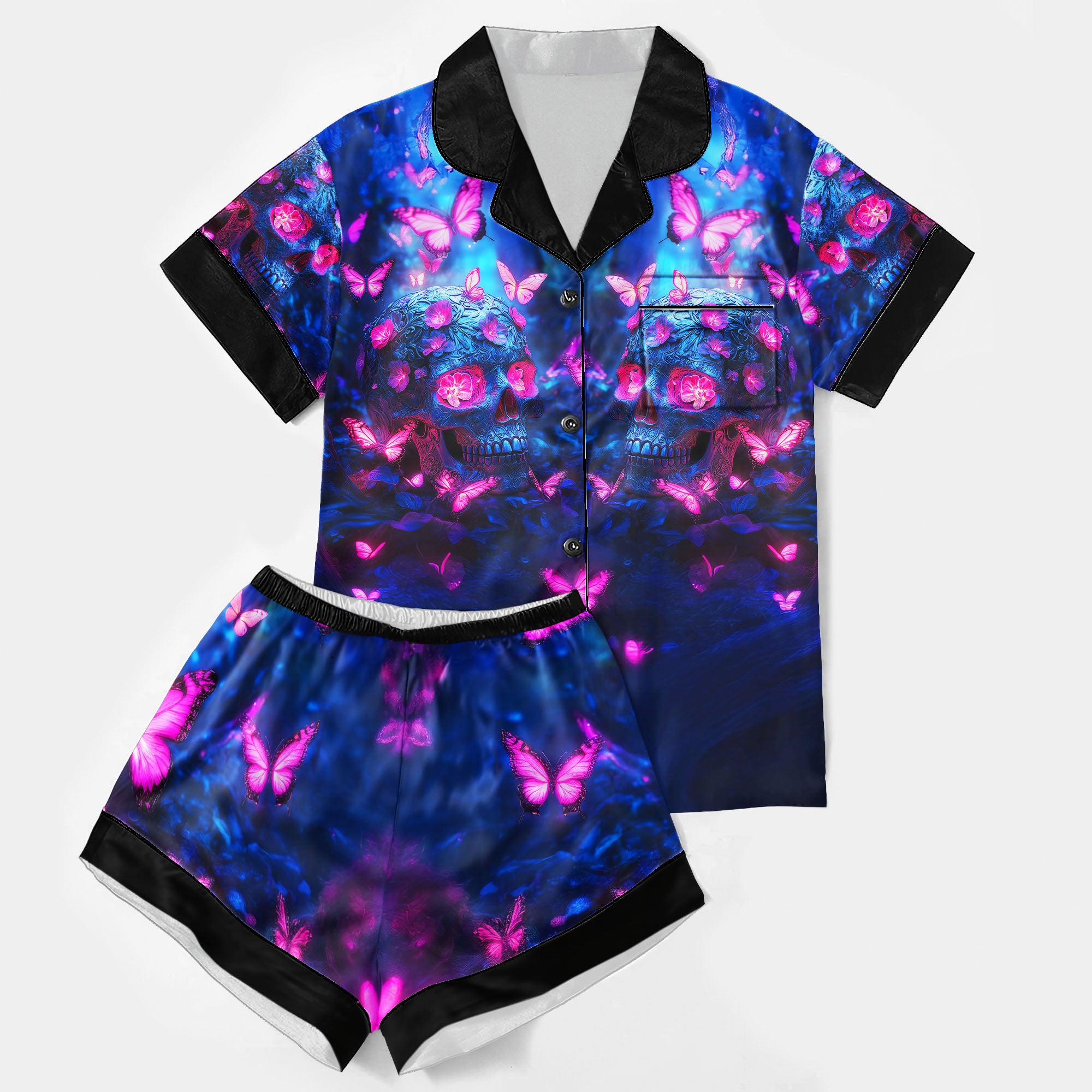 Neon Skull Butterfly Women's Pajama Sets Top Sleeve & Short Bottom