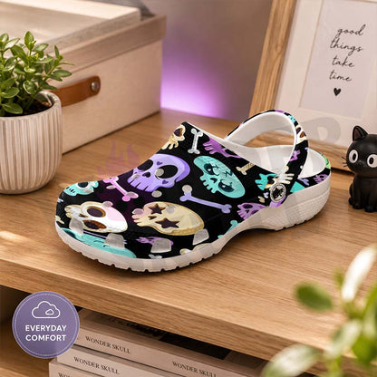 Wonder Skull Lightweight Clog Sandals are designed for all-day comfort. Featuring breathable ventilation holes, a cushioned footbed, and a pivoting heel strap, these versatile unisex clogs are perfect for use at home, outdoors, or at work — whatever your profession may be.