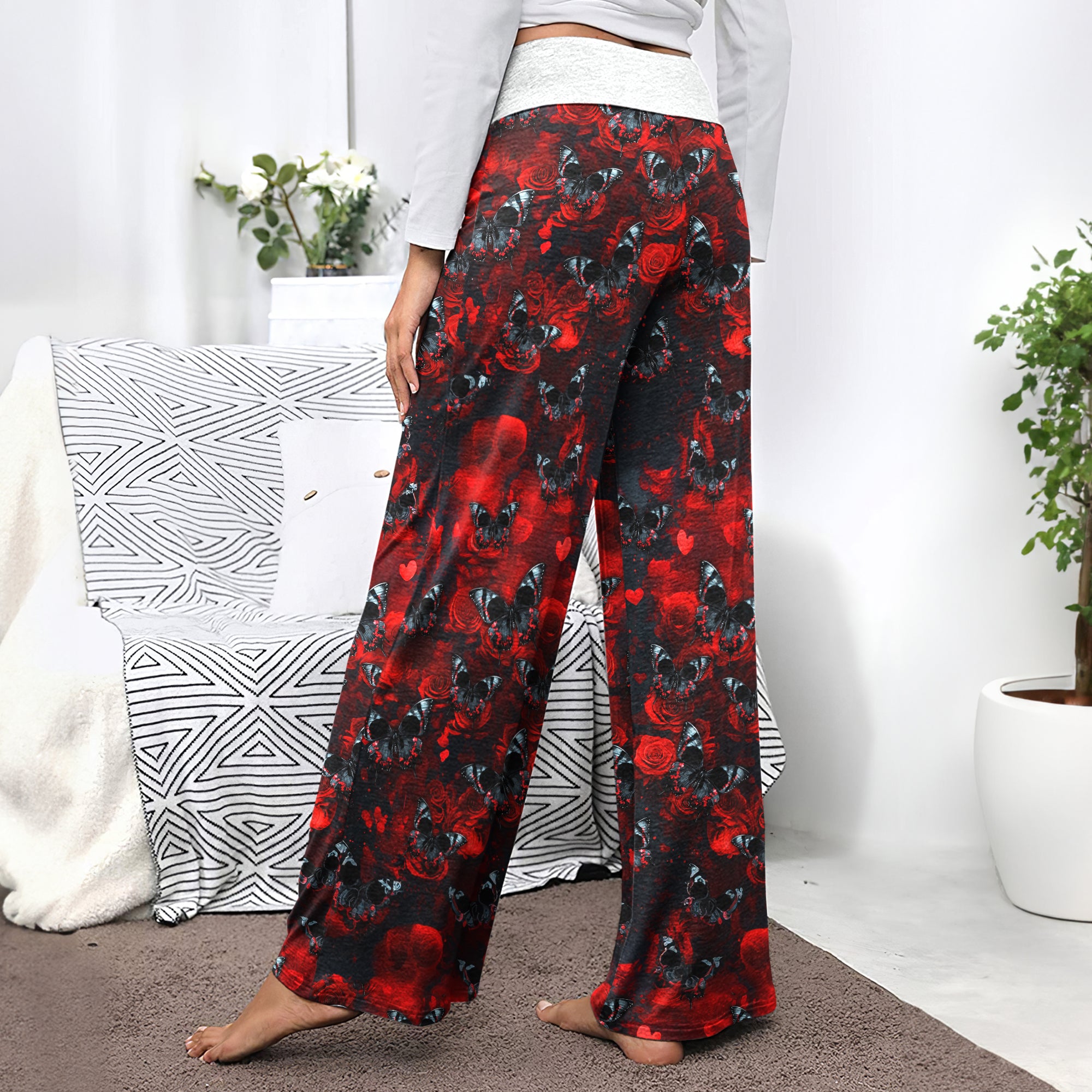 Red Butterfly Skull Pattern Women's High-waisted Wide Leg Pants