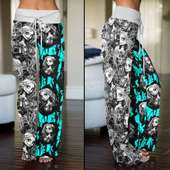 White Cyan Art Theme Women's High-waisted Wide Leg Pants | Wonder Skull