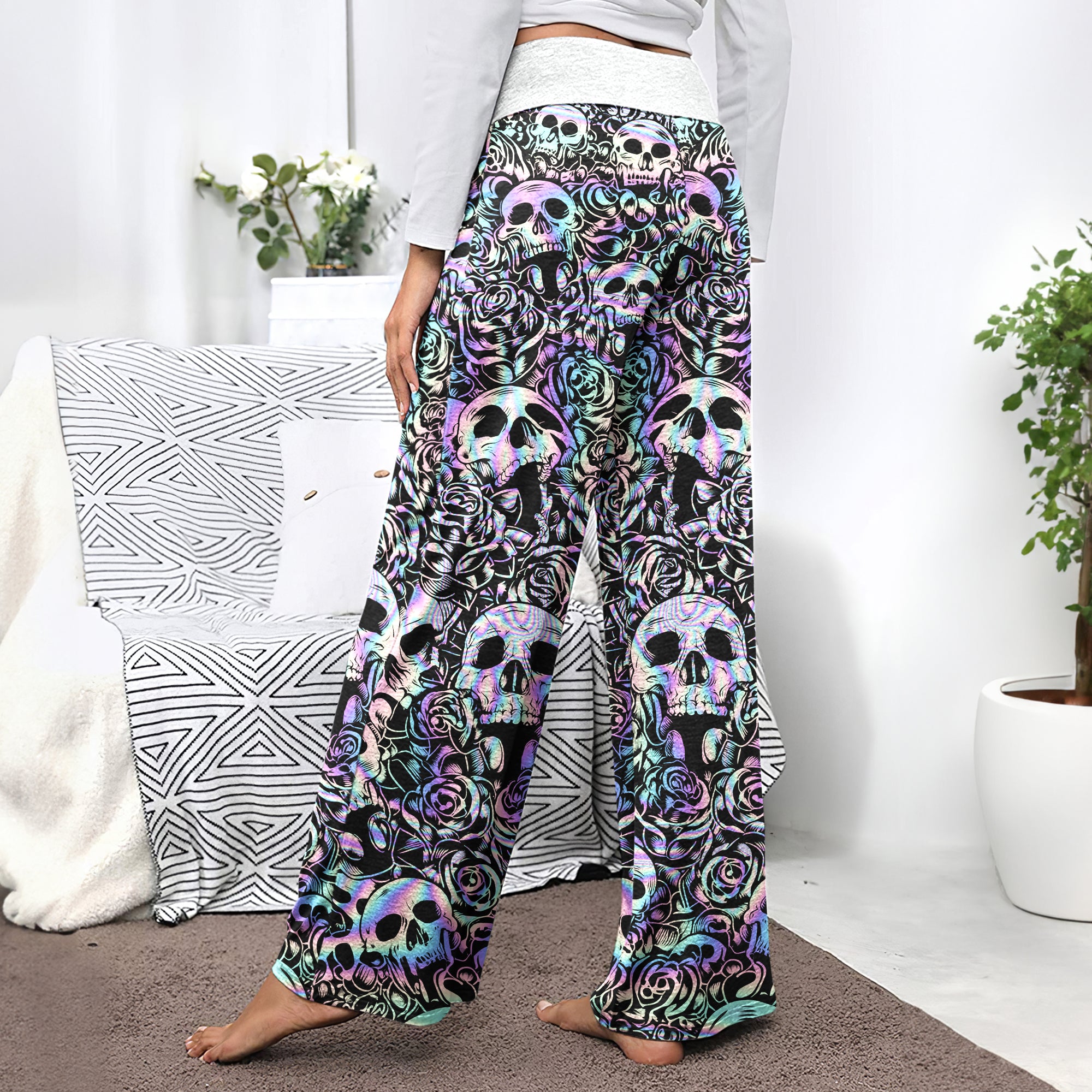 Holographic Skull Rose Women's High-waisted Wide Leg Pants