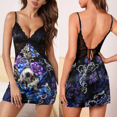 Purple Blue Skull Floral Gothic & Punkrock Women's Sleepwear | Lace Cami Dress Nightgowns