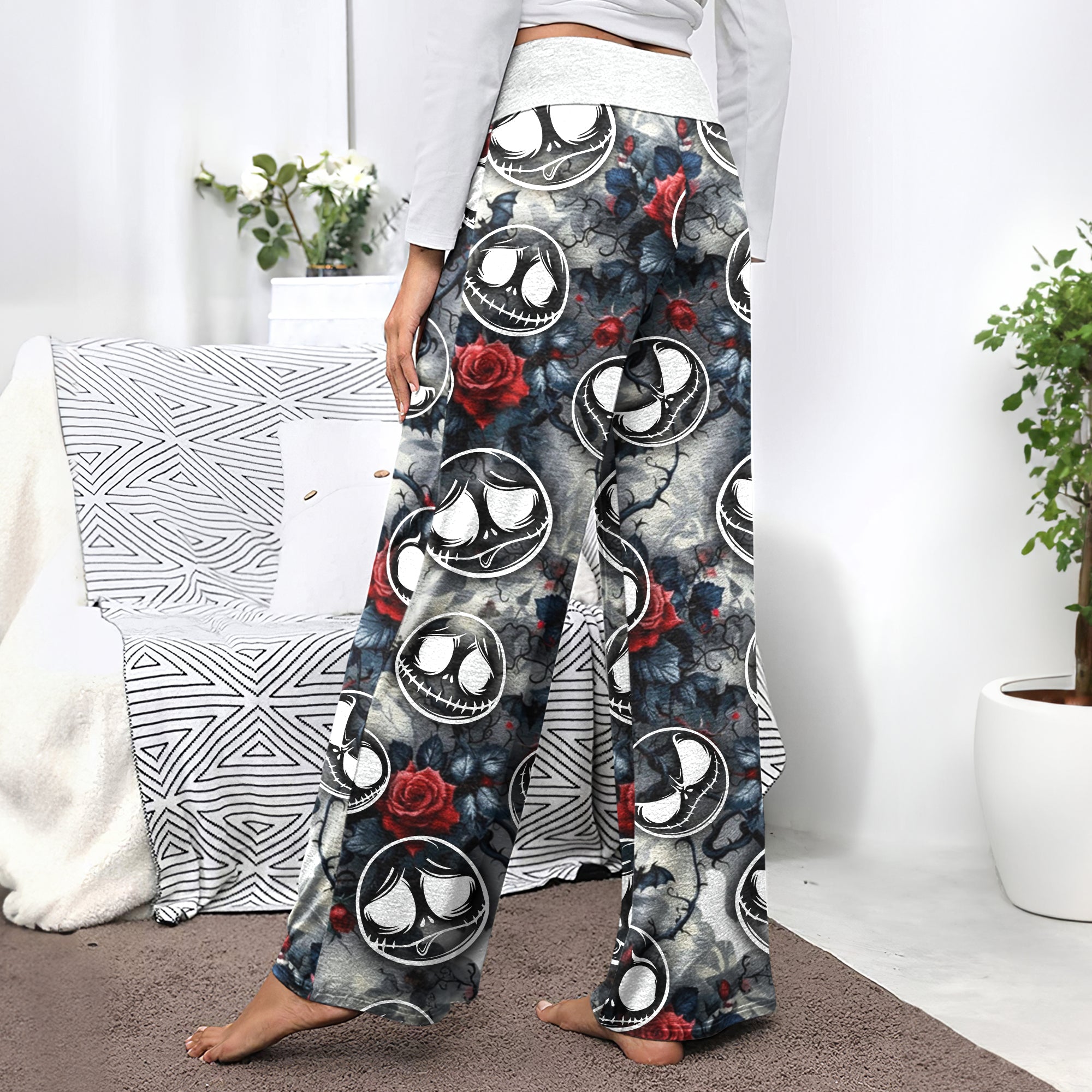 Gothic Skull Bloom Rose Women's High-waisted Wide Leg Pants