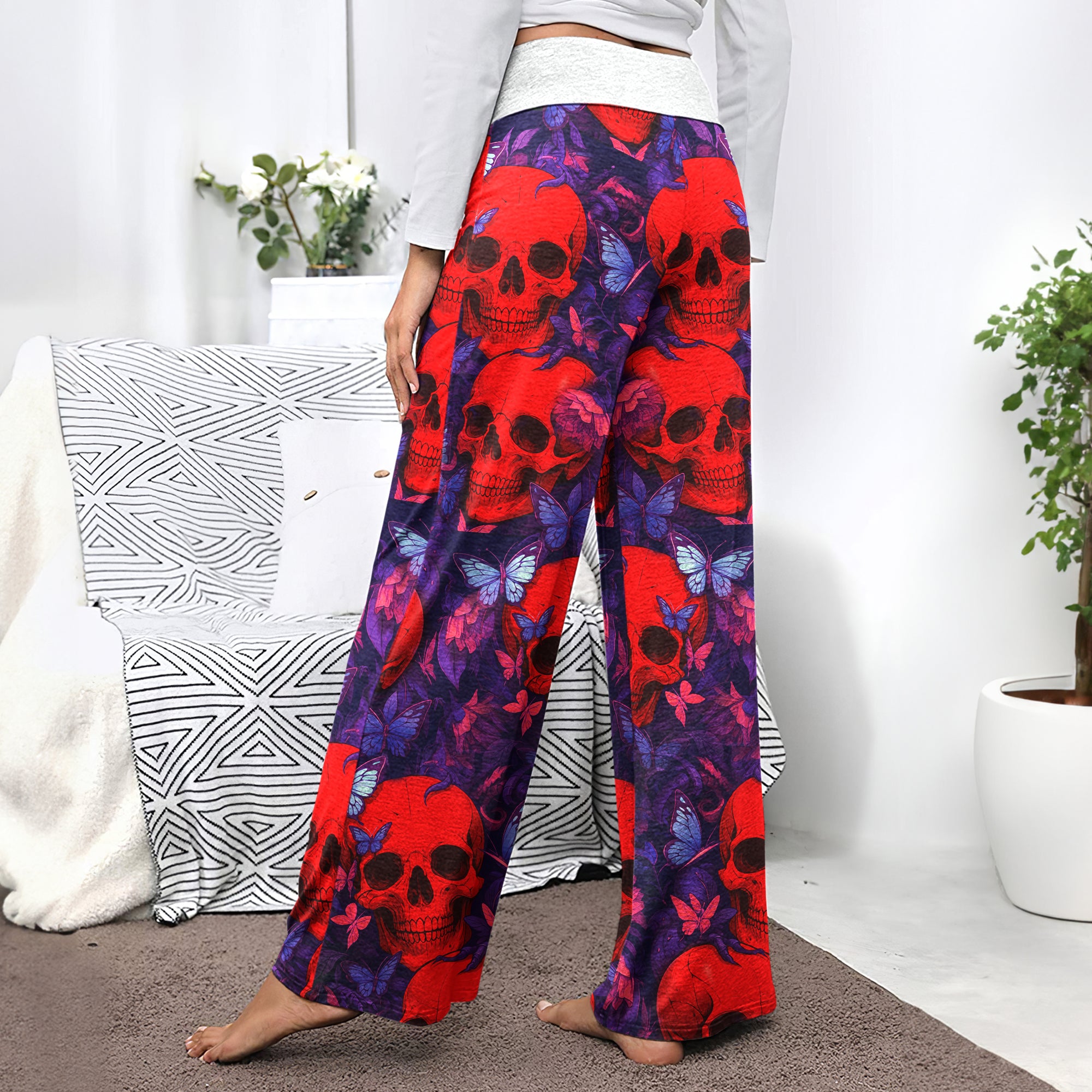 Red Skull Abstract Pattern Women's High-waisted Wide Leg Pants