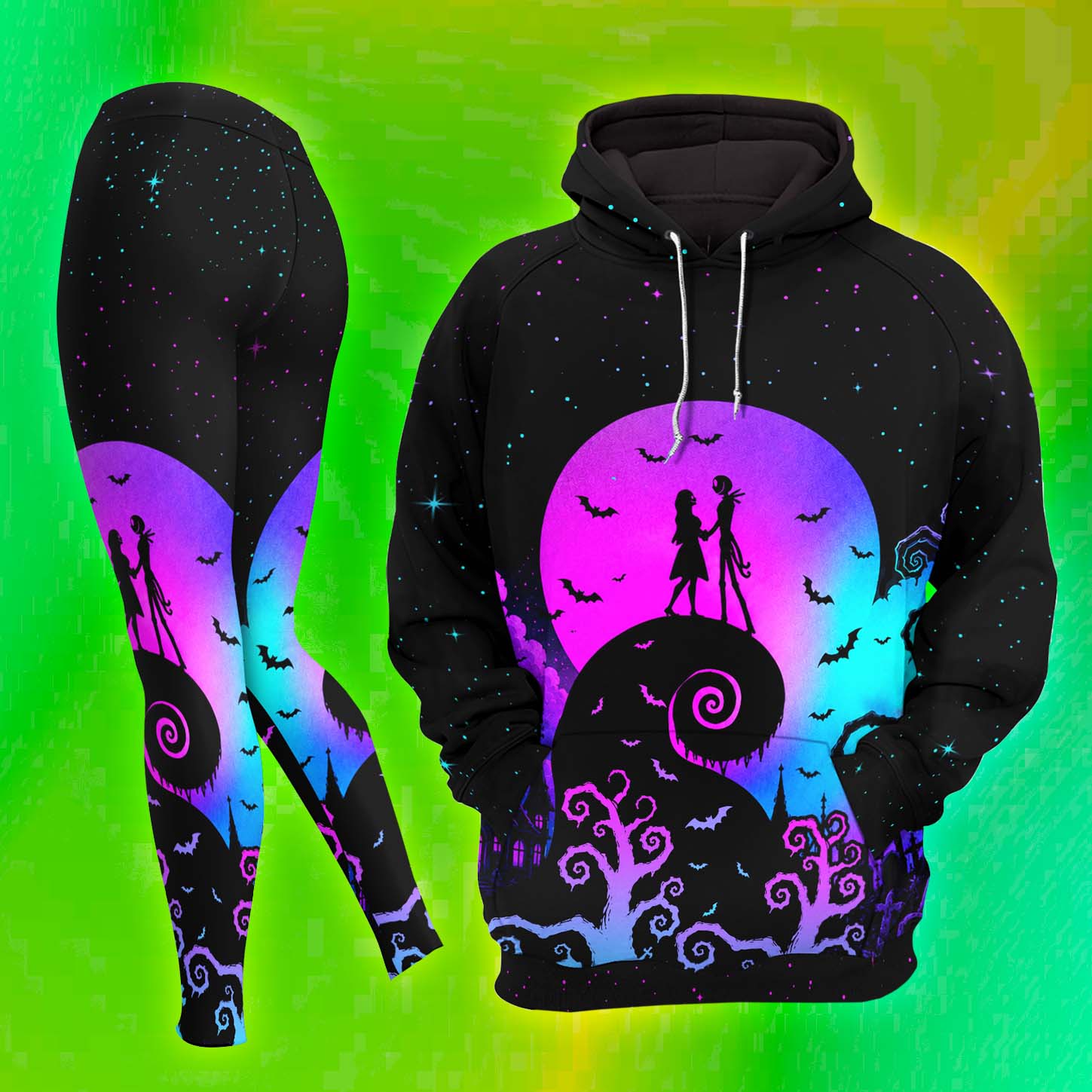 Women Hoodie and Leggings, Neon Moonlight Couple Outwear Pants Outfit