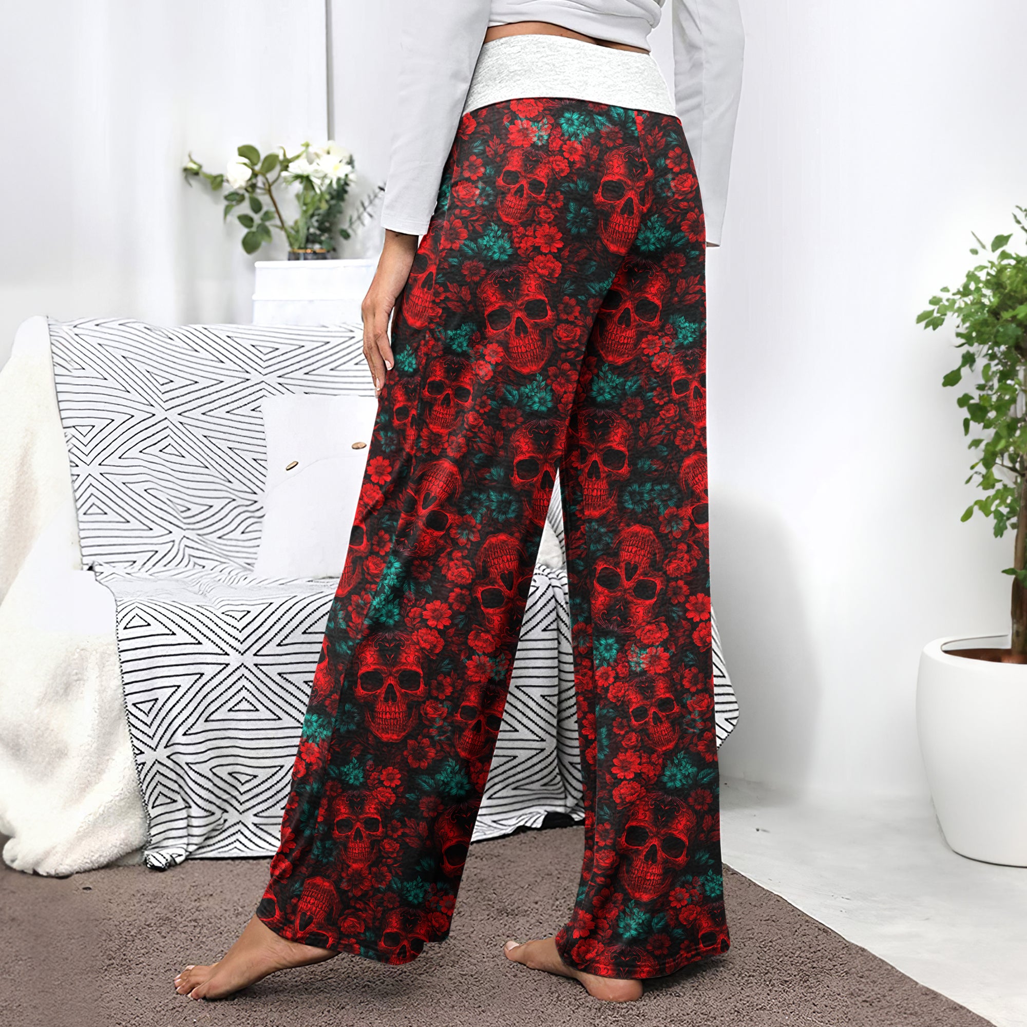 Red Seamless Skull Flower Women's High-waisted Wide Leg Pants