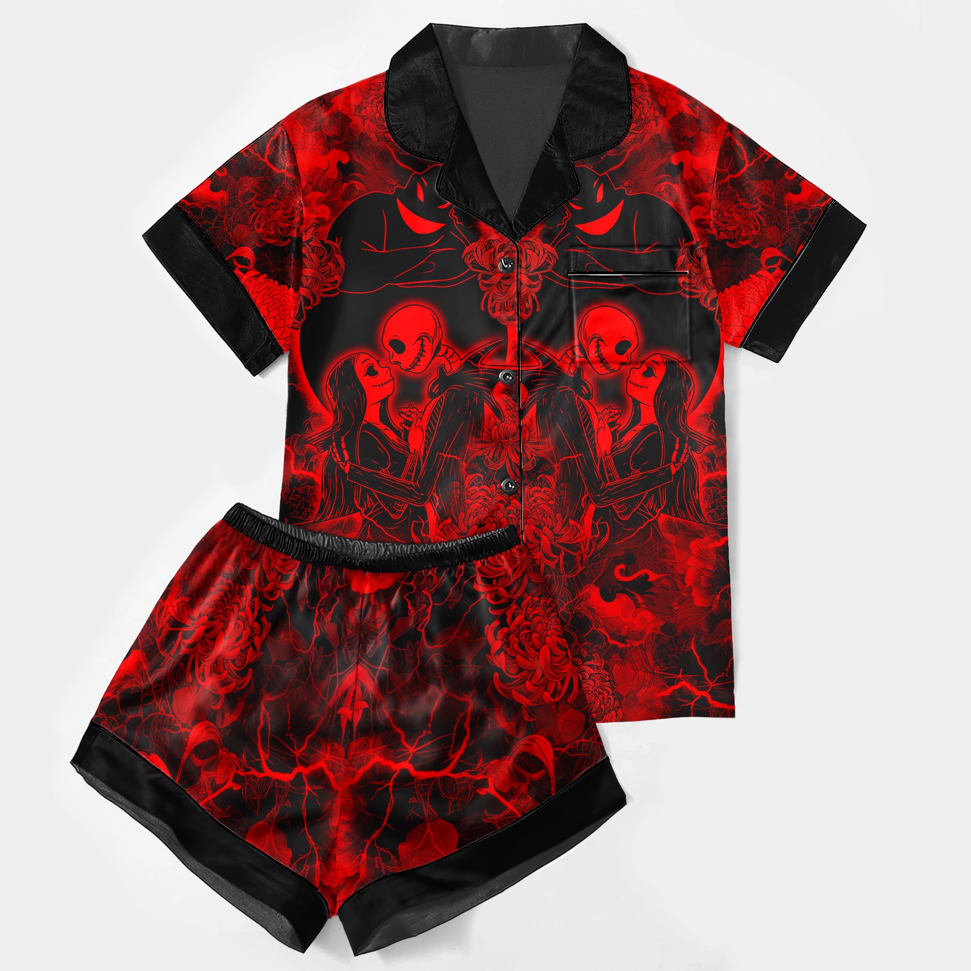 Red Midnight Romance Women's Pajama Sets Top Sleeve & Short Bottom