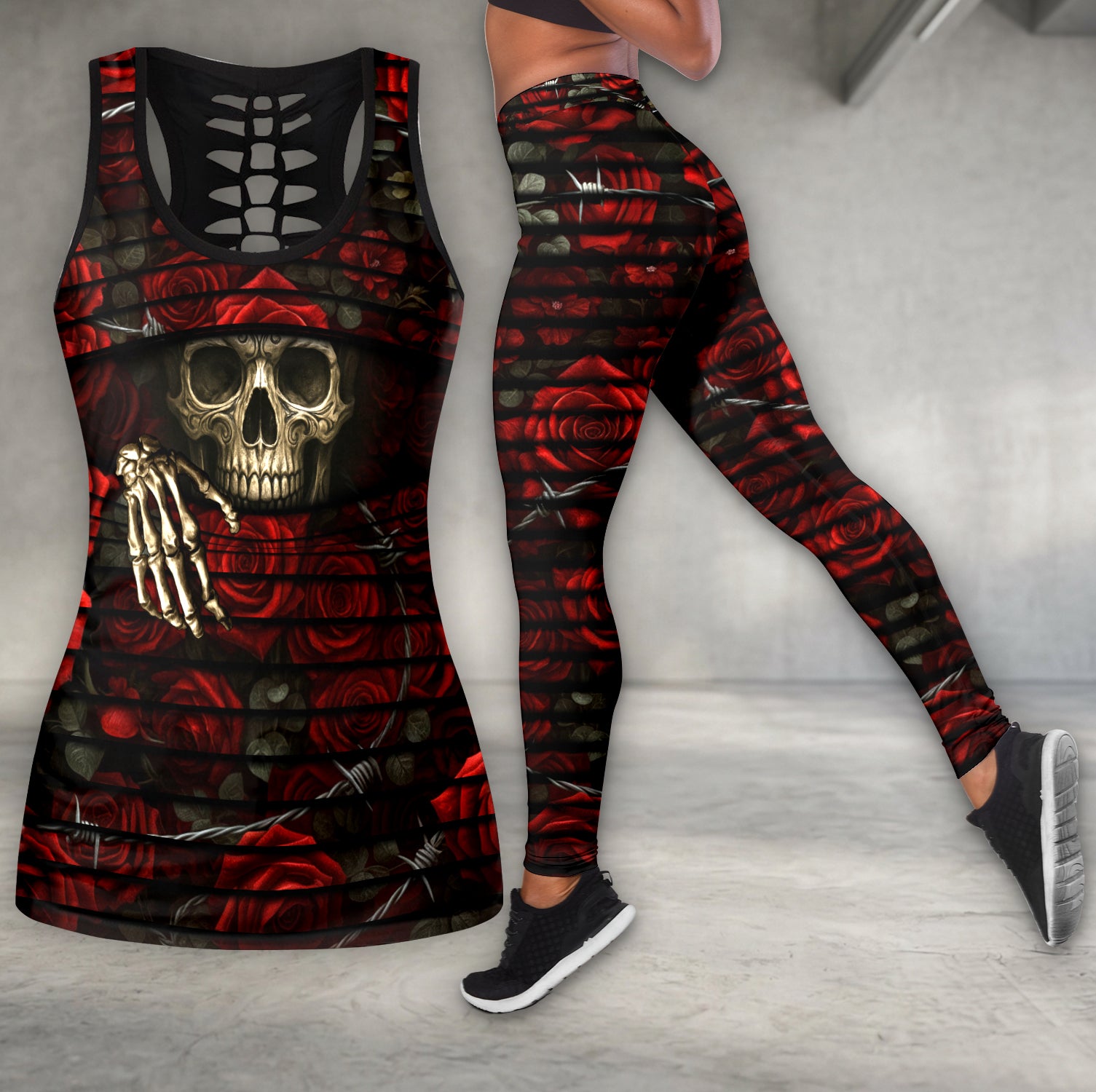 Dark Skull Crimson Flowers Tanktop and Leggings