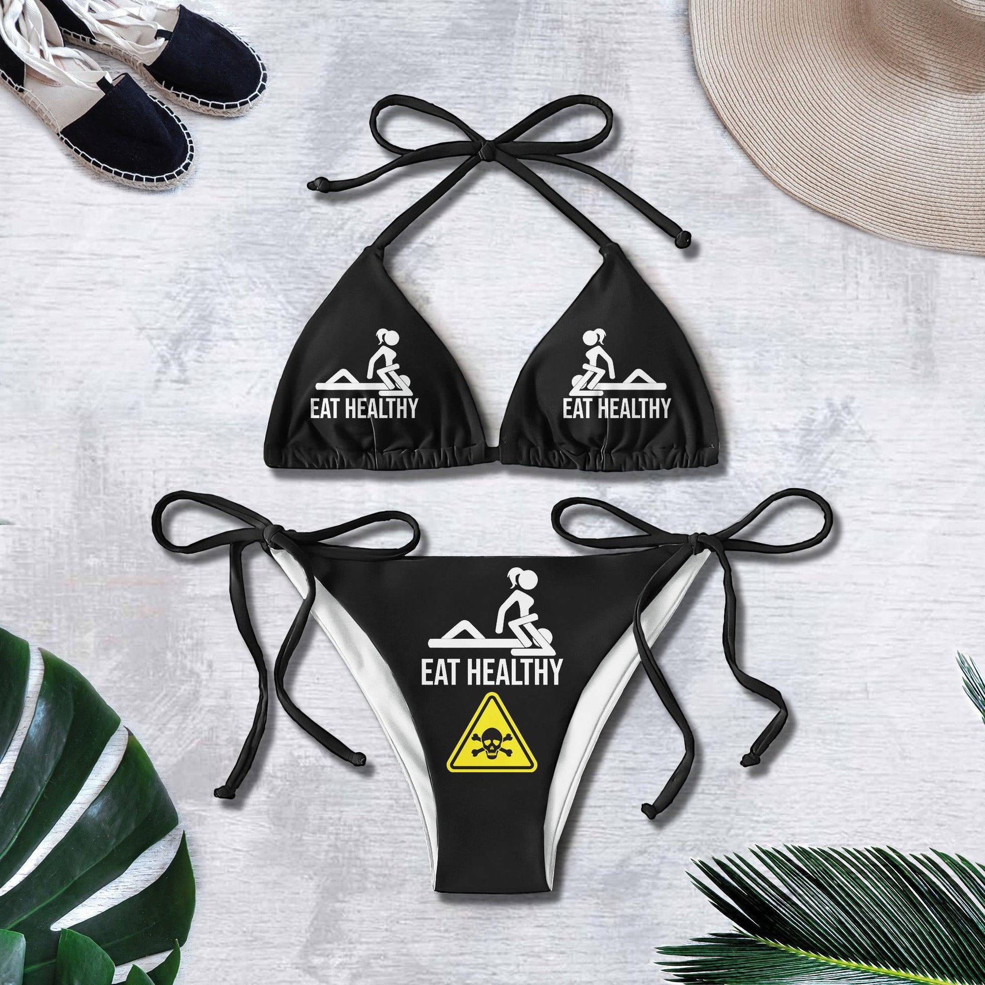 Funny Skull Sign Eat Healthy Micro Triangle Bikini Swimsuit