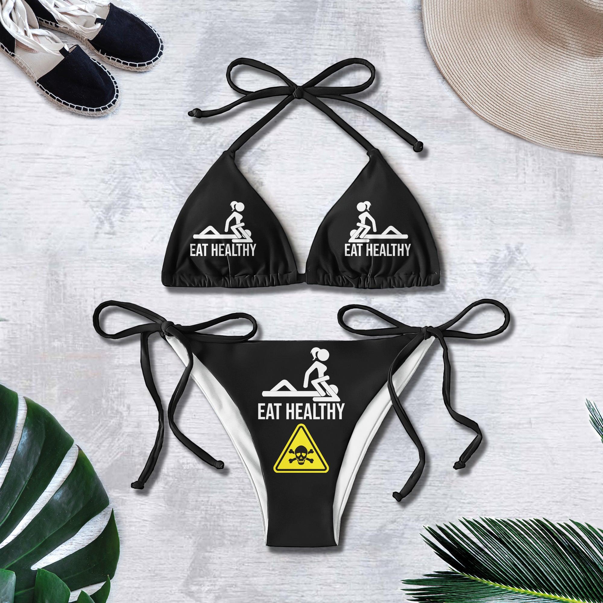Funny Skull Sign Eat Healthy Micro Triangle Bikini Swimsuit