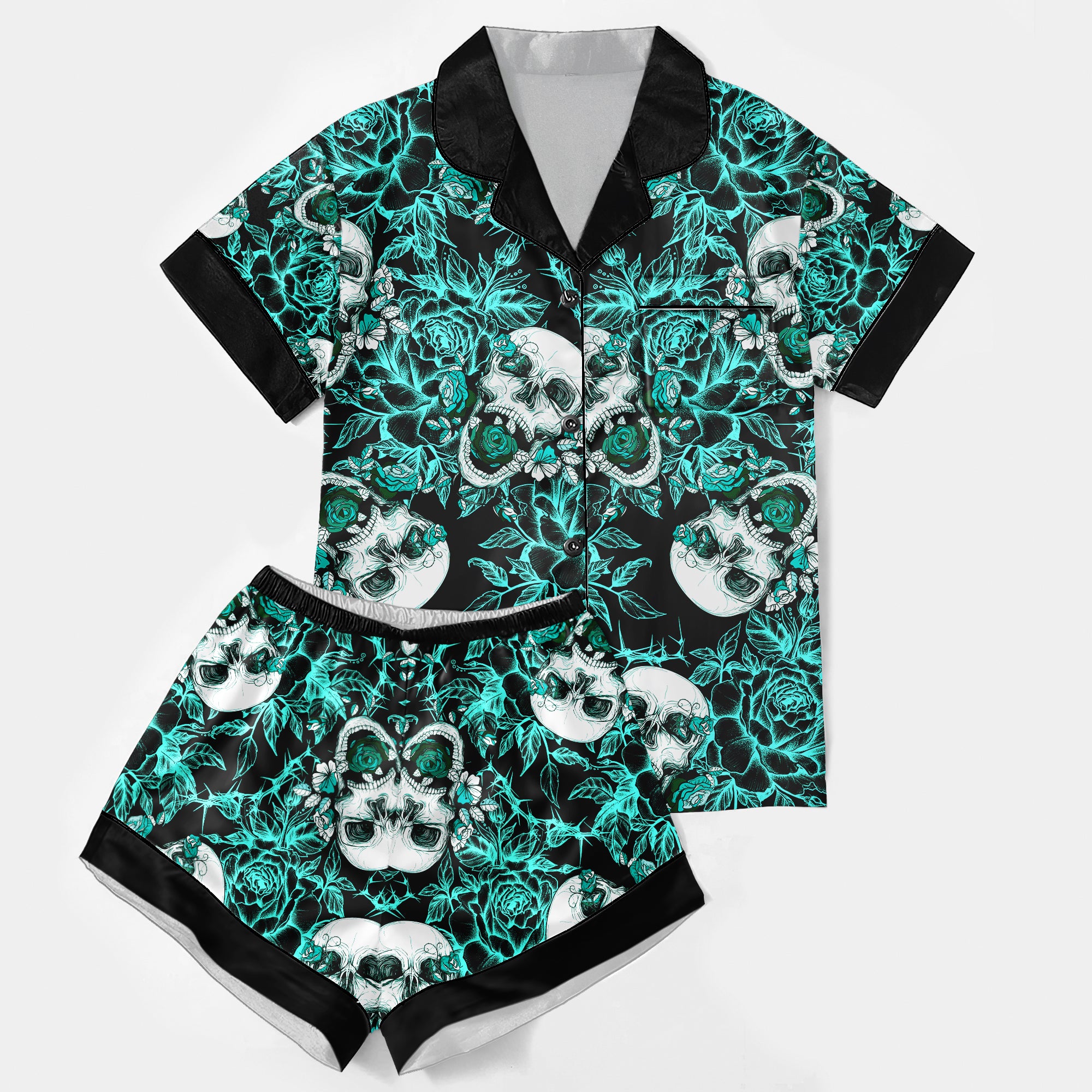 Cyan Skull Floral Women's Pajama Sets Top Sleeve & Short Bottom