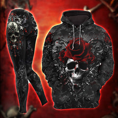 Women Hoodie and Leggings, Gothic Skull Red Rose Outwear Pants Outfit