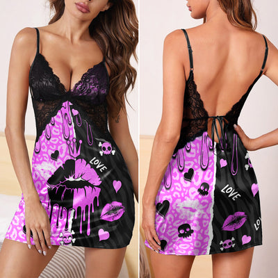 Black Pink Love Lip Melting & Punkrock Women's Sleepwear | Lace Cami Dress Nightgowns