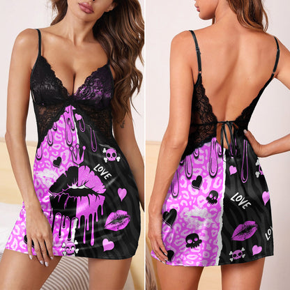 Black Pink Love Lip Melting & Punkrock Women's Sleepwear | Lace Cami Dress Nightgowns