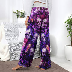 Purple Skull Butterfly Pattern Women's High-waisted Wide Leg Pants