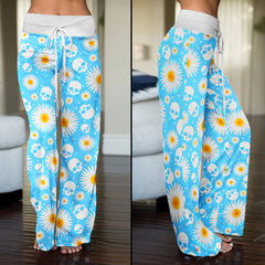 Blue Daisy Skull Women's High-waisted Wide Leg Pants | Wonder Skull