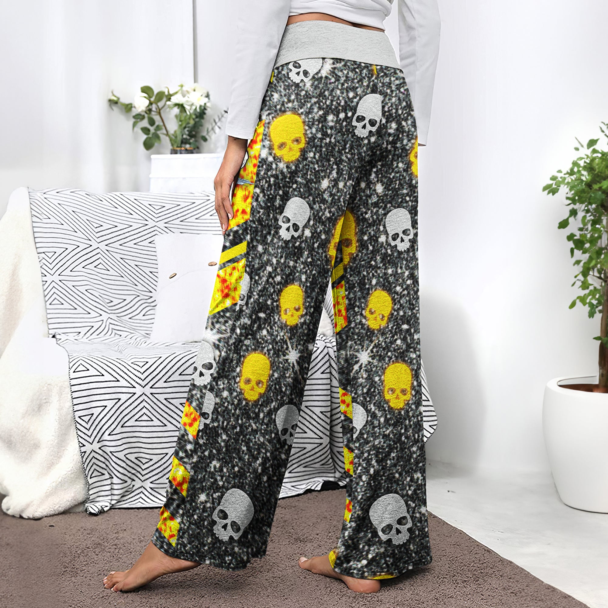 Skeleton Yellow Glitter Art Women's High-waisted Wide Leg Pants