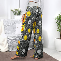 Skeleton Yellow Glitter Art Women's High-waisted Wide Leg Pants