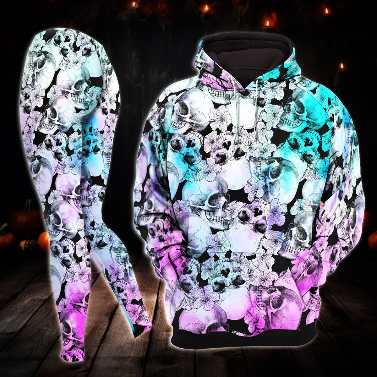 Blue Violet Gradient Skull Combo Hoodie and Leggings - Dark and edgy matching set with skull designs for a unique and stylish look.