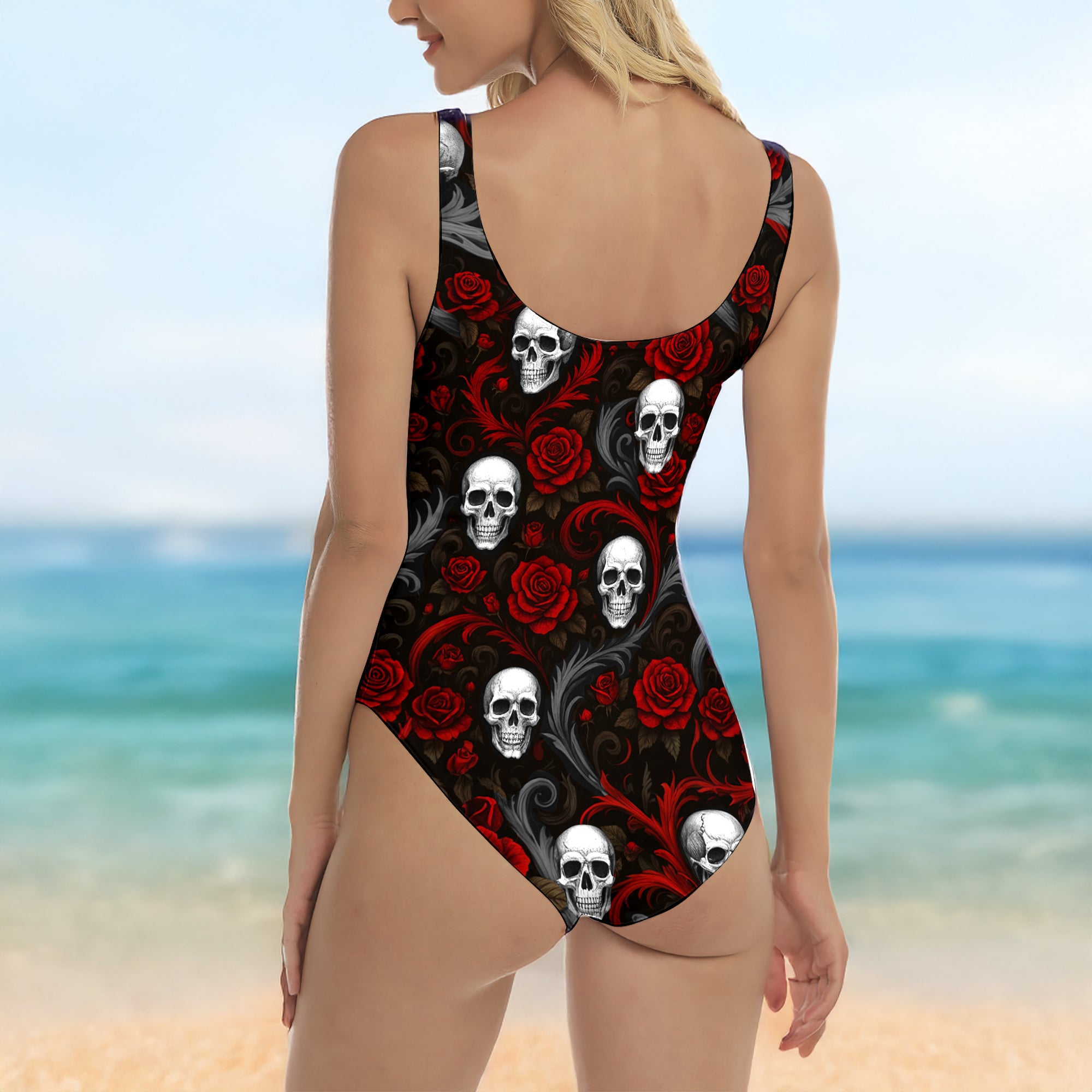 One Piece Bikini Scarlet Roses Skull Floral Print Swimwear