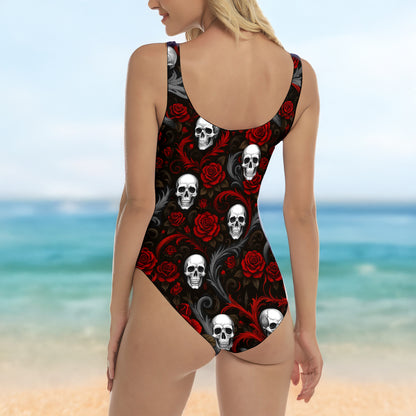 One Piece Bikini Scarlet Roses Skull Floral Print Swimwear